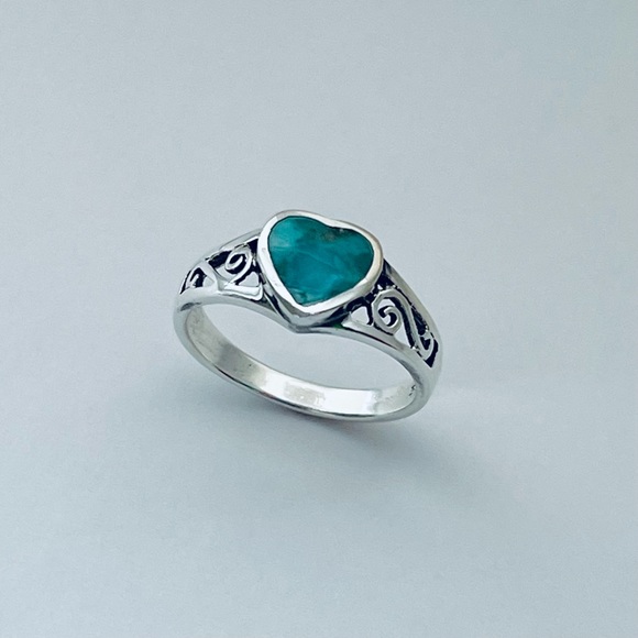 Sterling Silver Swirly and Genuine Turquoise Heart Ring, Silver Rings, Stones - Picture 6 of 12